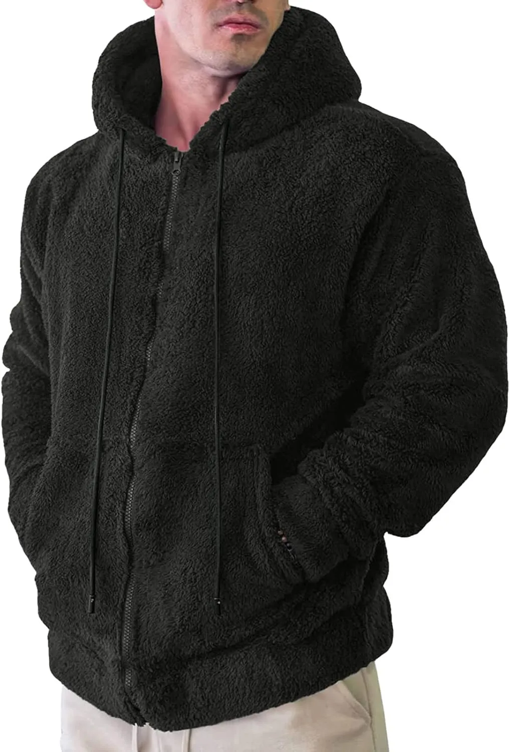 Oversized Fleece Jackets for Men Sherpa Lined Full Zip Loose Hoodies Jacket Long Sleeve Solid Winter Warm Coats with Pockets
