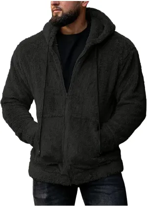 Oversized Fleece Jackets for Men Sherpa Lined Full Zip Loose Hoodies Jacket Long Sleeve Solid Winter Warm Coats with Pockets