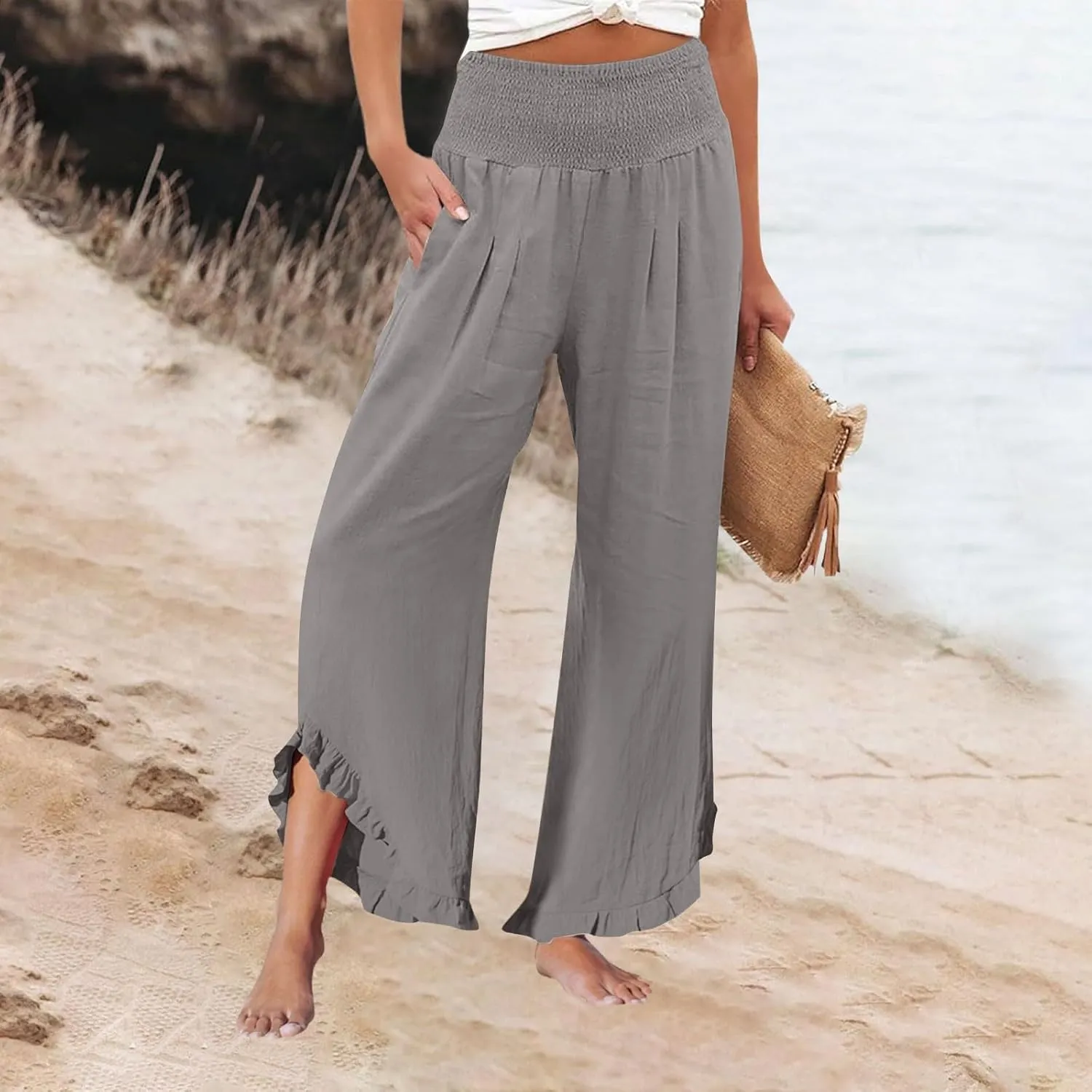 Palazzo Cotton Linen Pants Women Casual Smocked Waisted Ruffle Hem Wide Leg Pants Summer Loose Beach Pant with Pockets