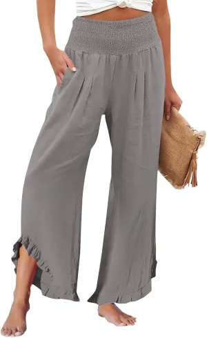 Palazzo Cotton Linen Pants Women Casual Smocked Waisted Ruffle Hem Wide Leg Pants Summer Loose Beach Pant with Pockets