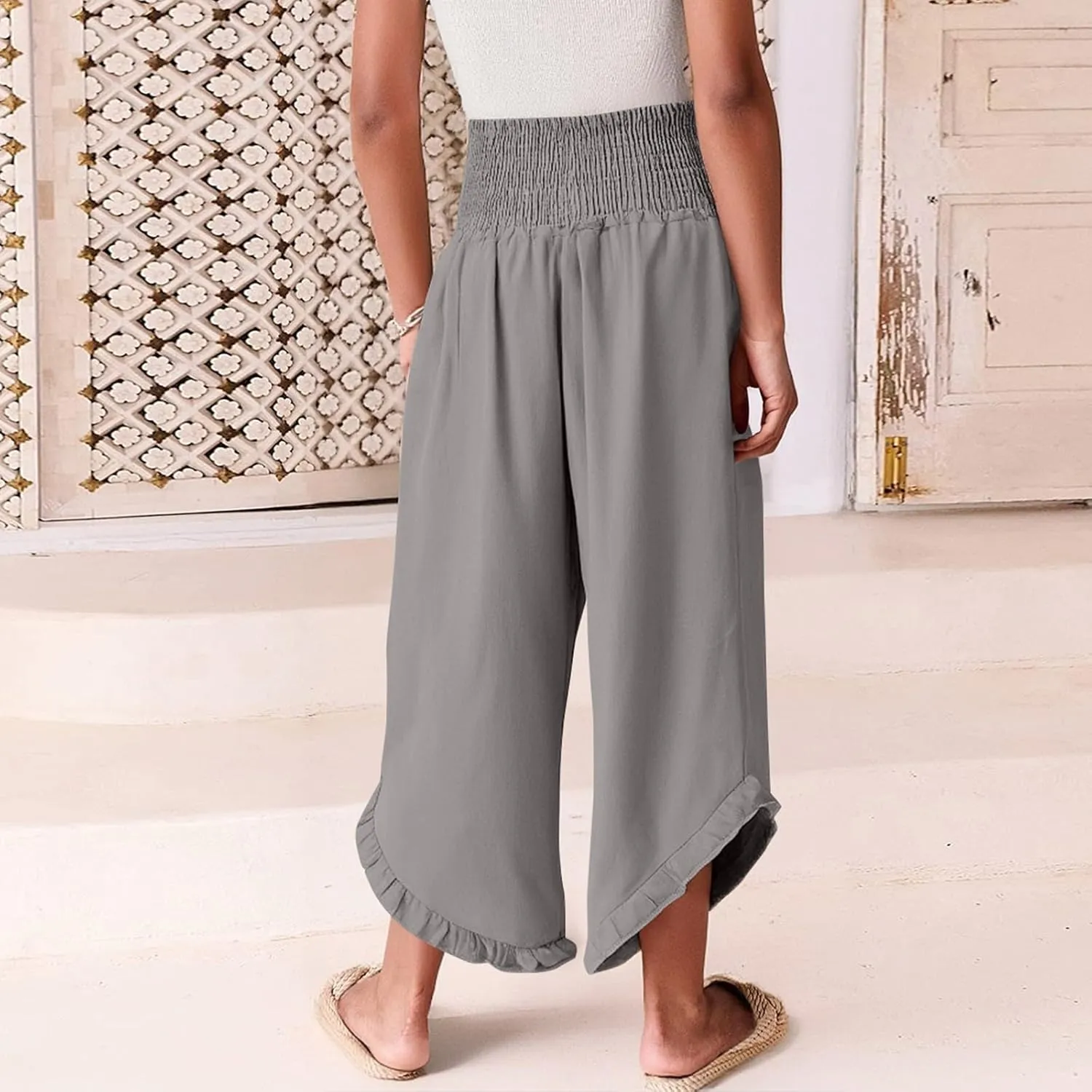 Palazzo Cotton Linen Pants Women Casual Smocked Waisted Ruffle Hem Wide Leg Pants Summer Loose Beach Pant with Pockets