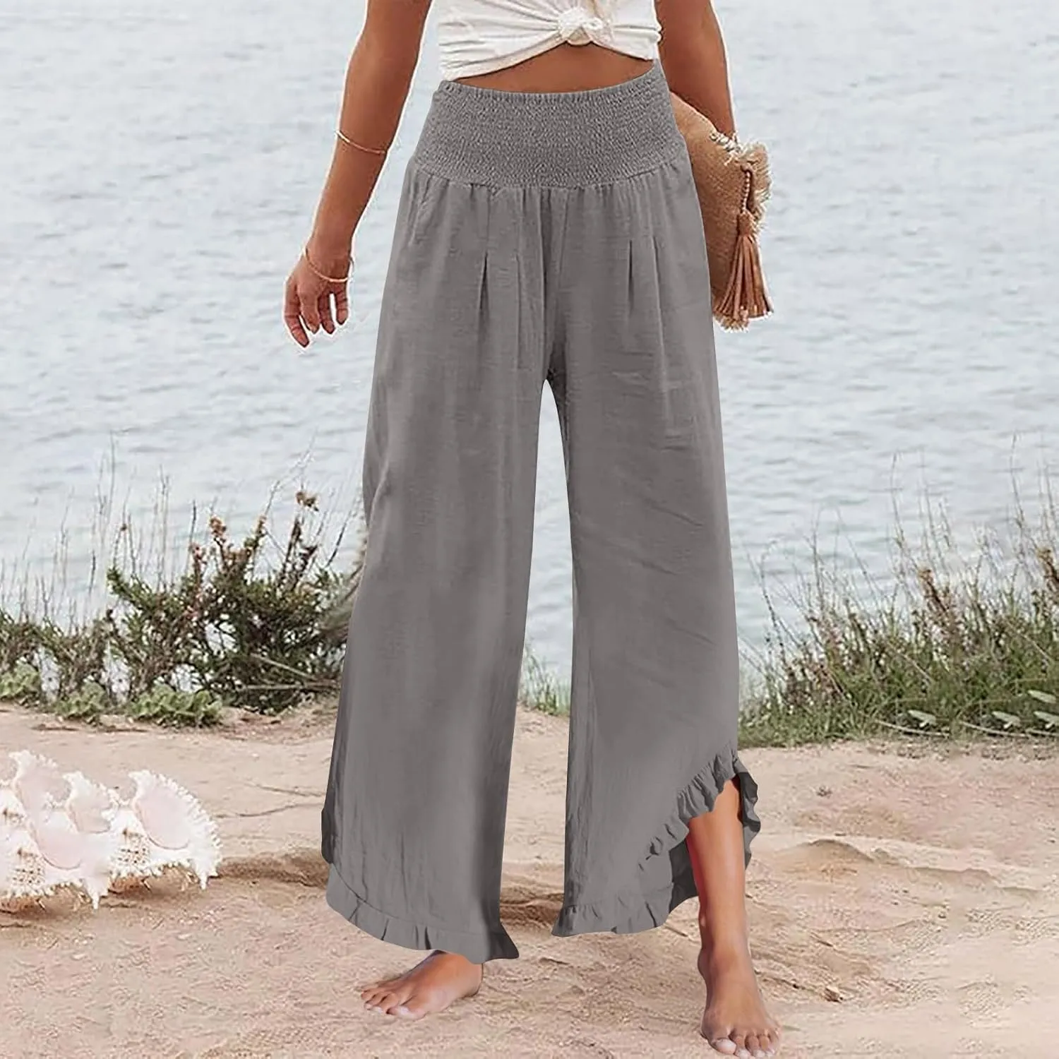 Palazzo Cotton Linen Pants Women Casual Smocked Waisted Ruffle Hem Wide Leg Pants Summer Loose Beach Pant with Pockets