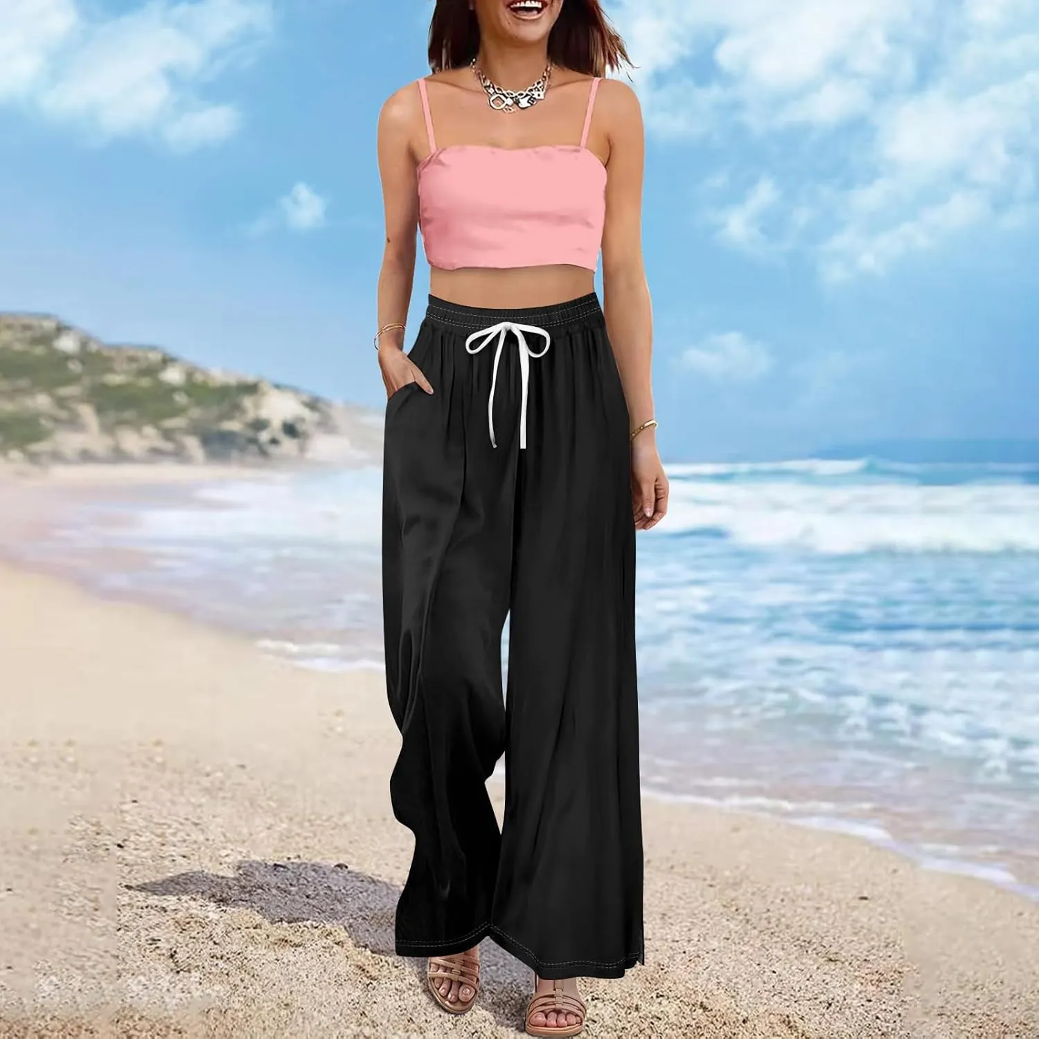 Palazzo Pants for Women,Womens Summer Boho Wide Leg Pants Casual High Waist Lounge Pant 2025 Beach Vacation Outfits