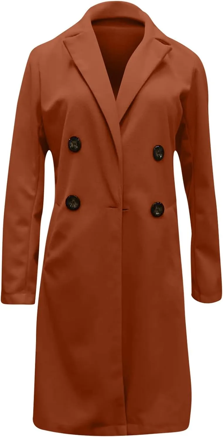 Pea Coats For Women,2024 Trendy Classic Notched Lapel Collar Double Breasted Trench Coat Mid Slim Fit Winter Coats