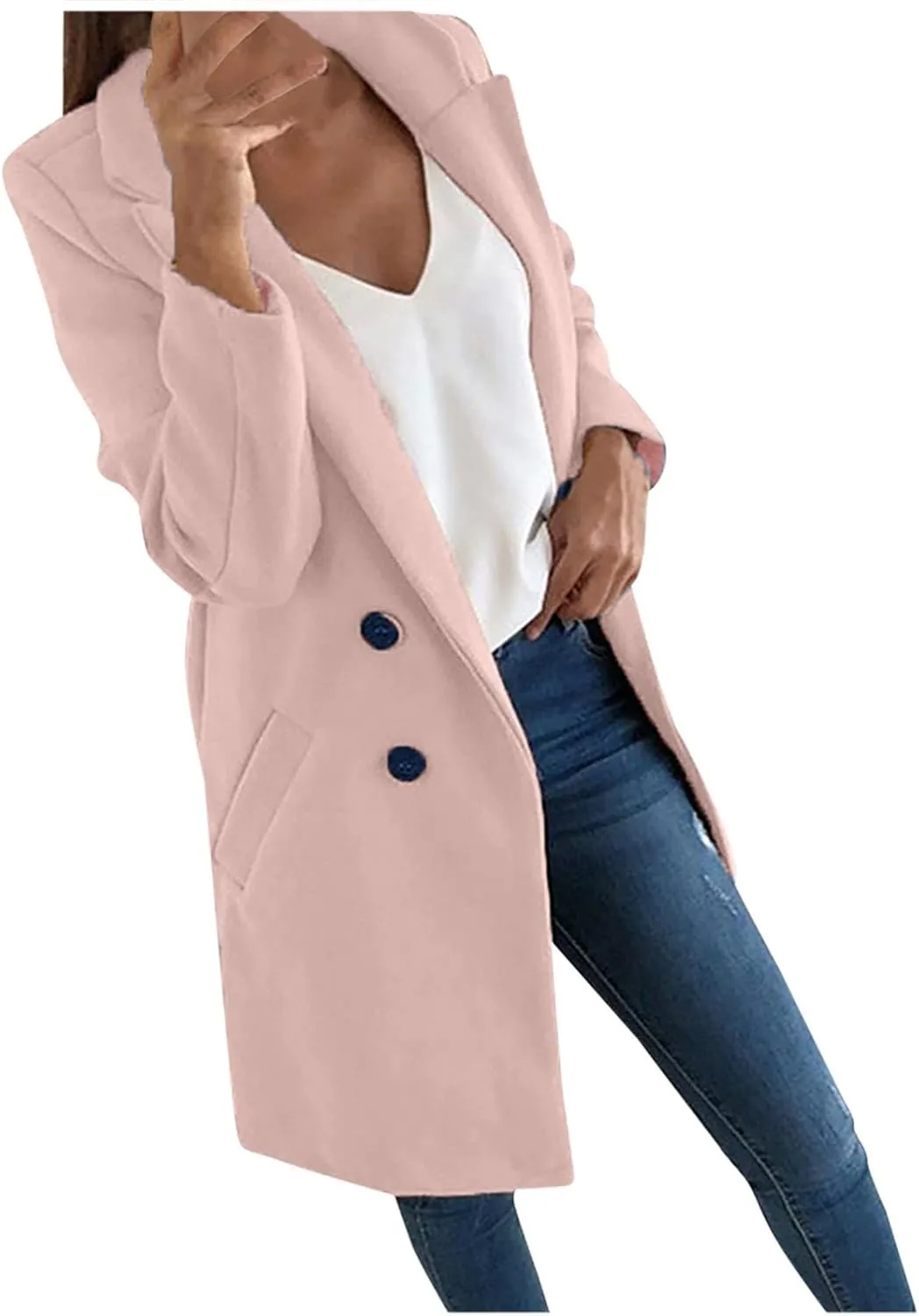Pea Coats For Women,2024 Trendy Classic Notched Lapel Collar Double Breasted Trench Coat Mid Slim Fit Winter Coats