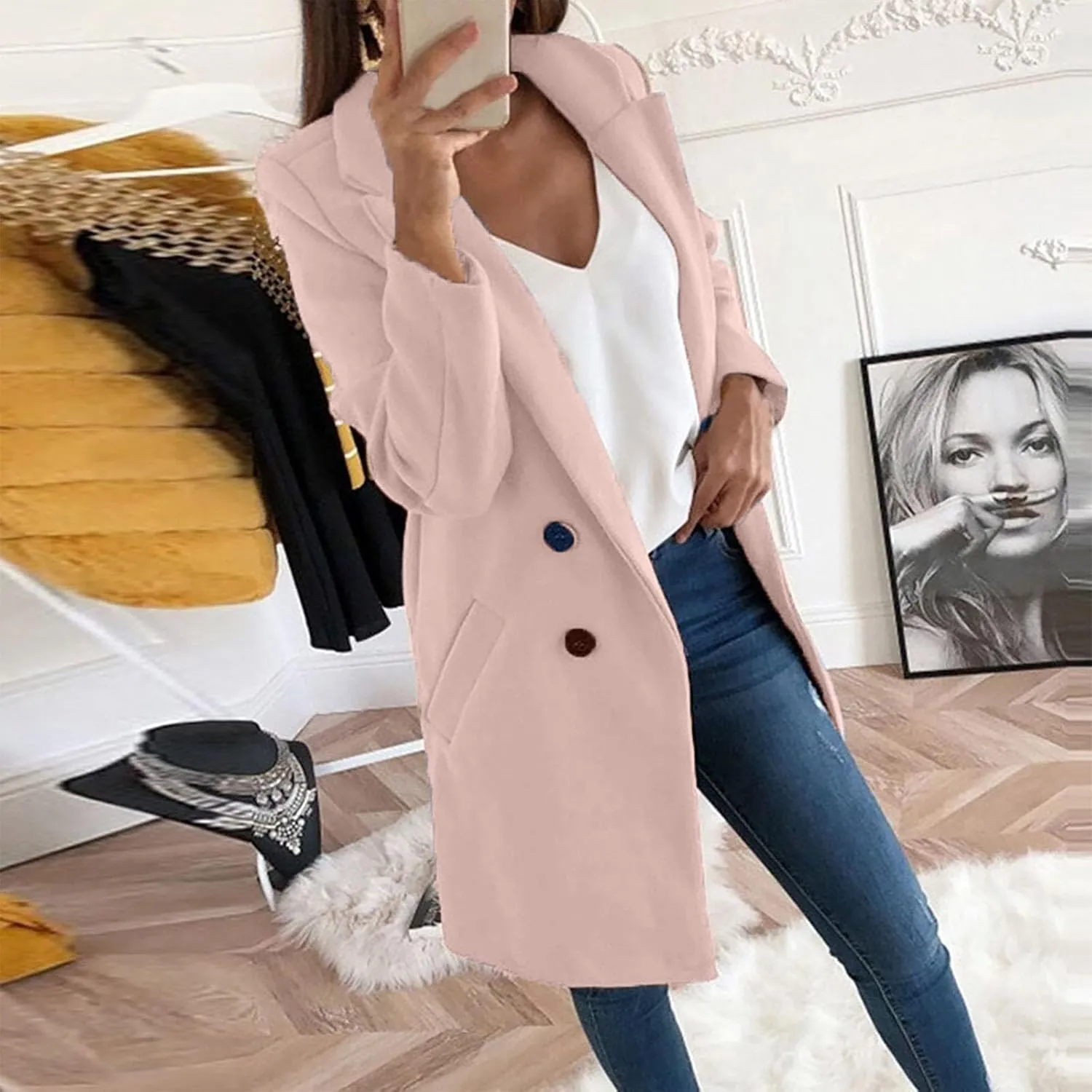 Pea Coats For Women,2024 Trendy Classic Notched Lapel Collar Double Breasted Trench Coat Mid Slim Fit Winter Coats