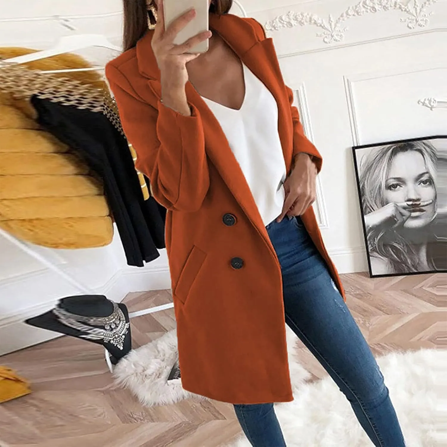 Pea Coats For Women,2024 Trendy Classic Notched Lapel Collar Double Breasted Trench Coat Mid Slim Fit Winter Coats