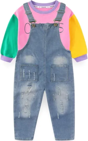 Peacolate 5-12 Years Girls' Denim Overall Set Long Sleeve T-Shirt & Jean Bib Overalls Stylish 2pcs Outfit for Kids Teens