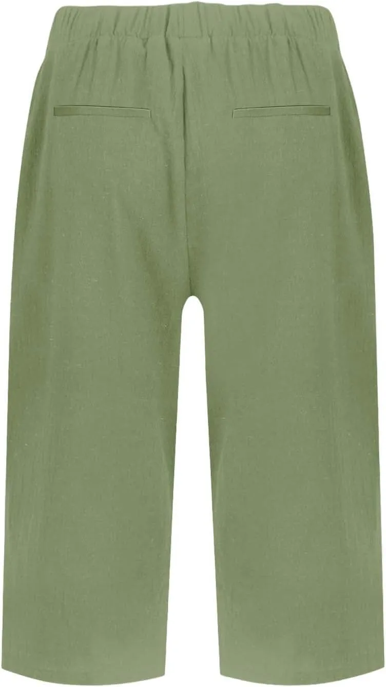 Pedal Pushers for Women Straight Leg Linen Capri Pants Relaxed Fit Cover Up Elastic Waist Bermuda Shorts with Pockets