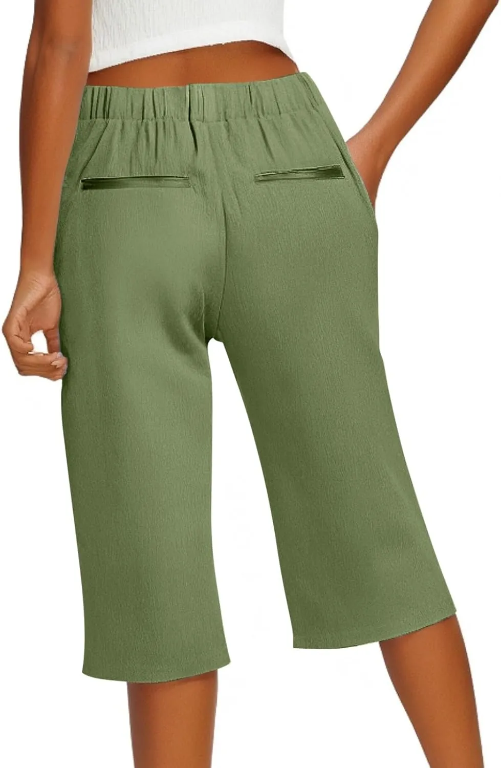 Pedal Pushers for Women Straight Leg Linen Capri Pants Relaxed Fit Cover Up Elastic Waist Bermuda Shorts with Pockets
