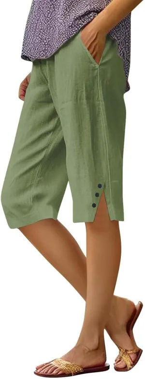 Pedal Pushers for Women Straight Leg Linen Capri Pants Relaxed Fit Cover Up Elastic Waist Bermuda Shorts with Pockets