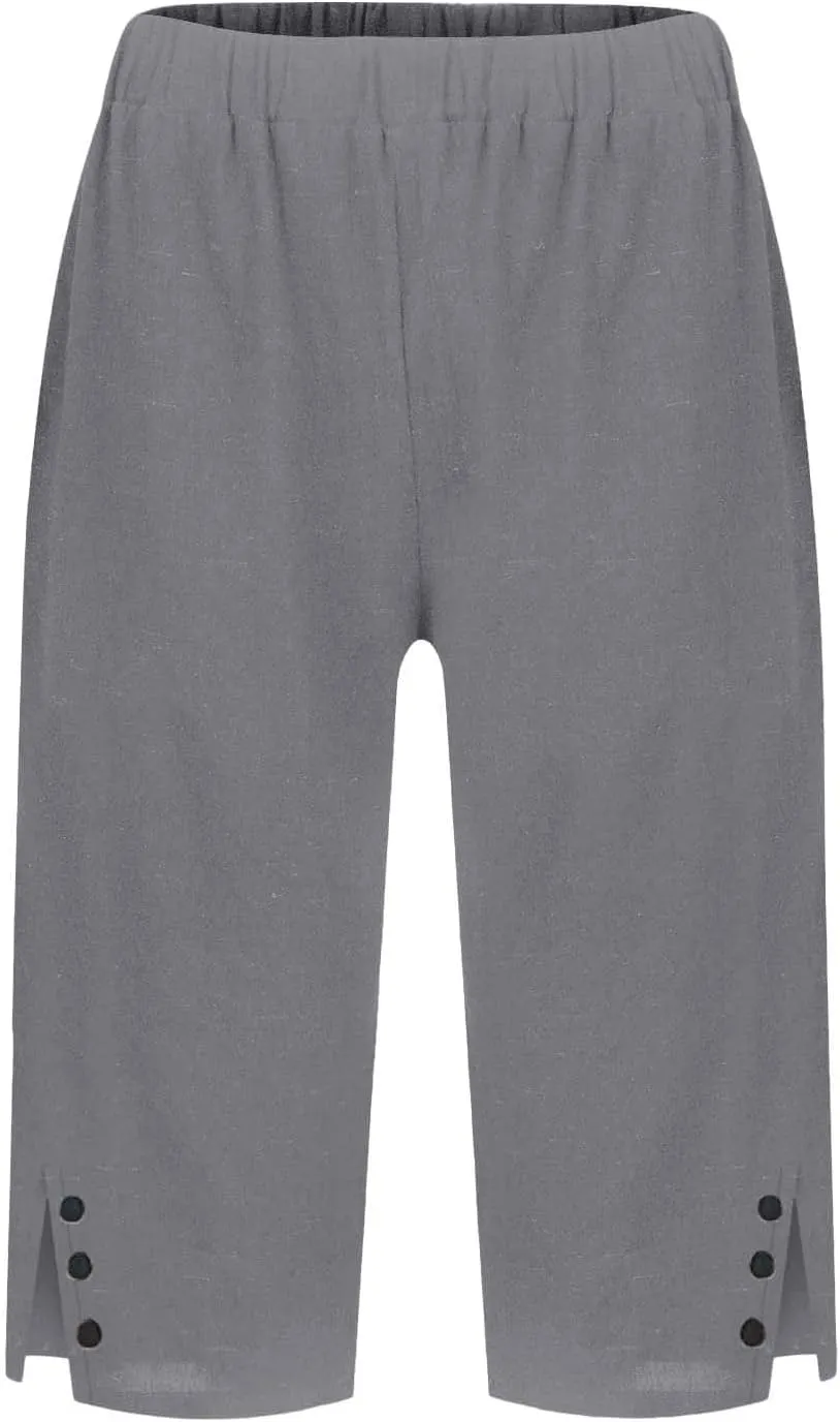 Pedal Pushers for Women Straight Leg Linen Capri Pants Relaxed Fit Cover Up Elastic Waist Bermuda Shorts with Pockets