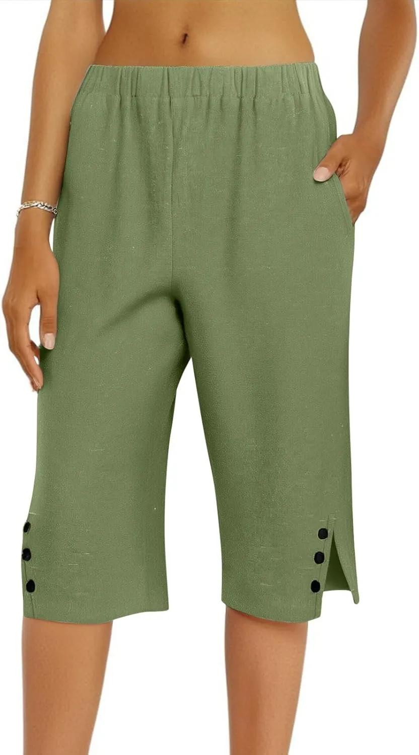 Pedal Pushers for Women Straight Leg Linen Capri Pants Relaxed Fit Cover Up Elastic Waist Bermuda Shorts with Pockets