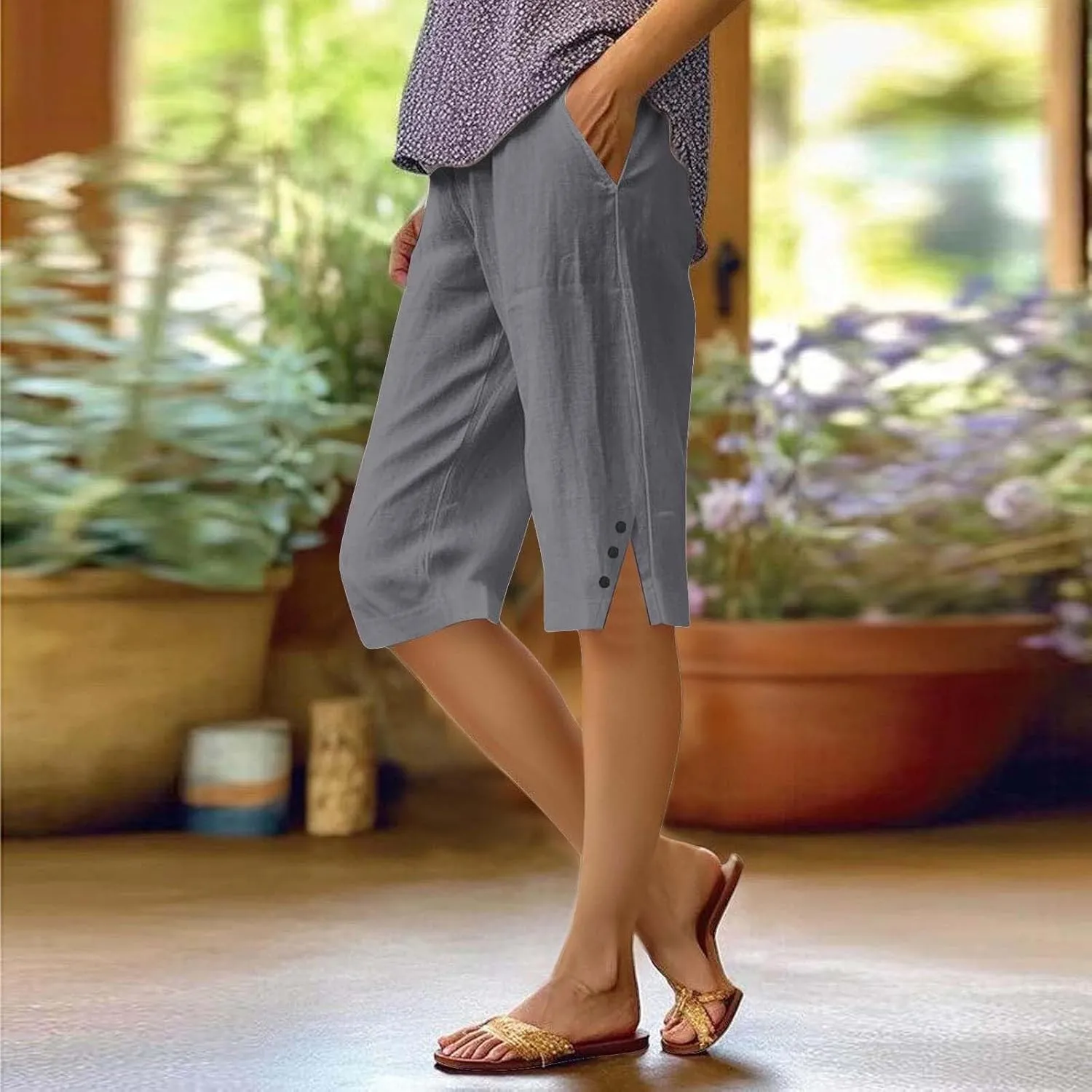 Pedal Pushers for Women Straight Leg Linen Capri Pants Relaxed Fit Cover Up Elastic Waist Bermuda Shorts with Pockets