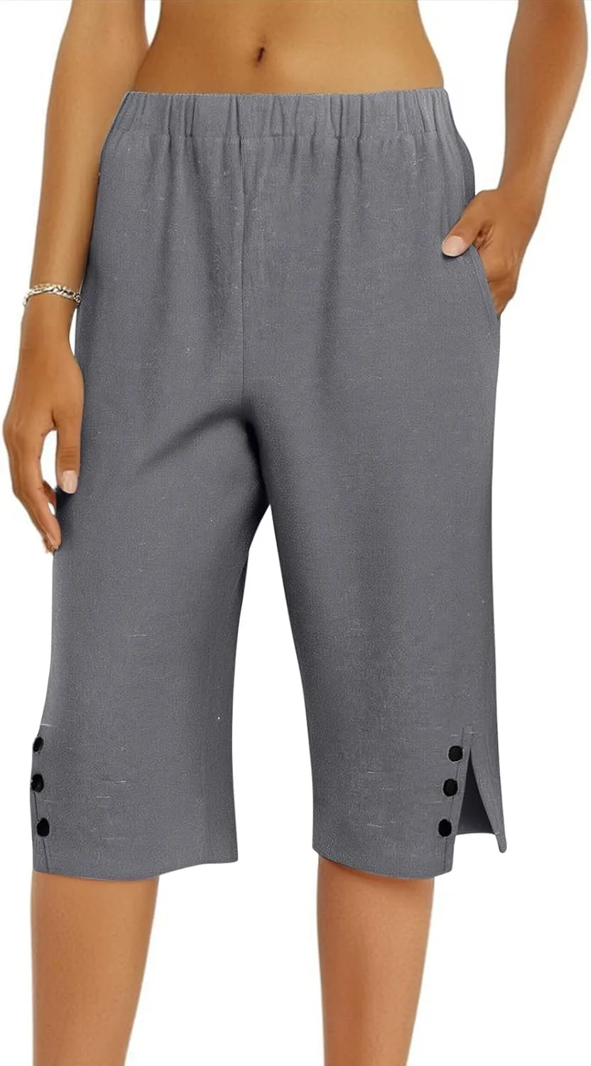 Pedal Pushers for Women Straight Leg Linen Capri Pants Relaxed Fit Cover Up Elastic Waist Bermuda Shorts with Pockets