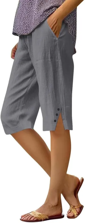 Pedal Pushers for Women Straight Leg Linen Capri Pants Relaxed Fit Cover Up Elastic Waist Bermuda Shorts with Pockets