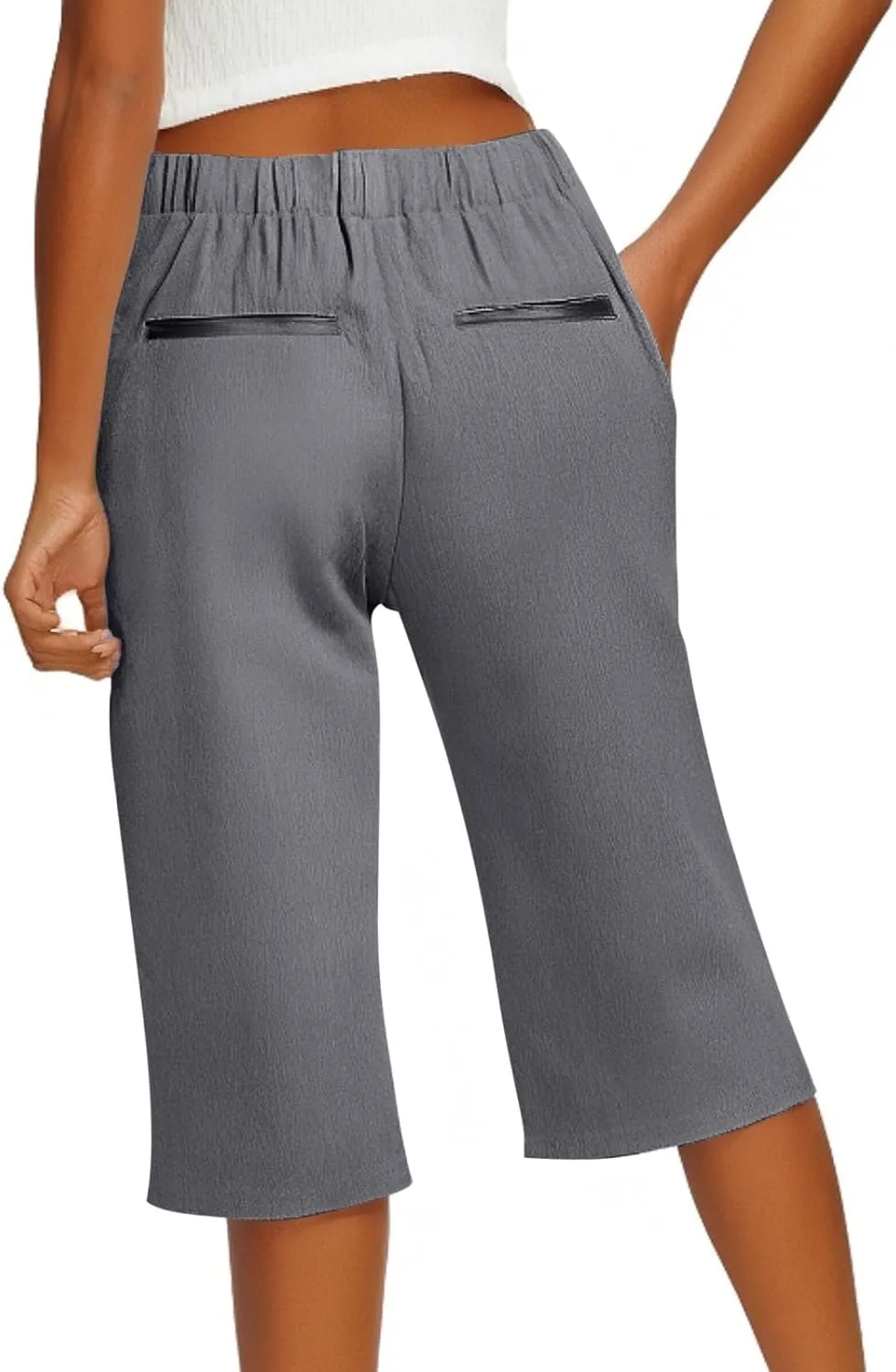 Pedal Pushers for Women Straight Leg Linen Capri Pants Relaxed Fit Cover Up Elastic Waist Bermuda Shorts with Pockets