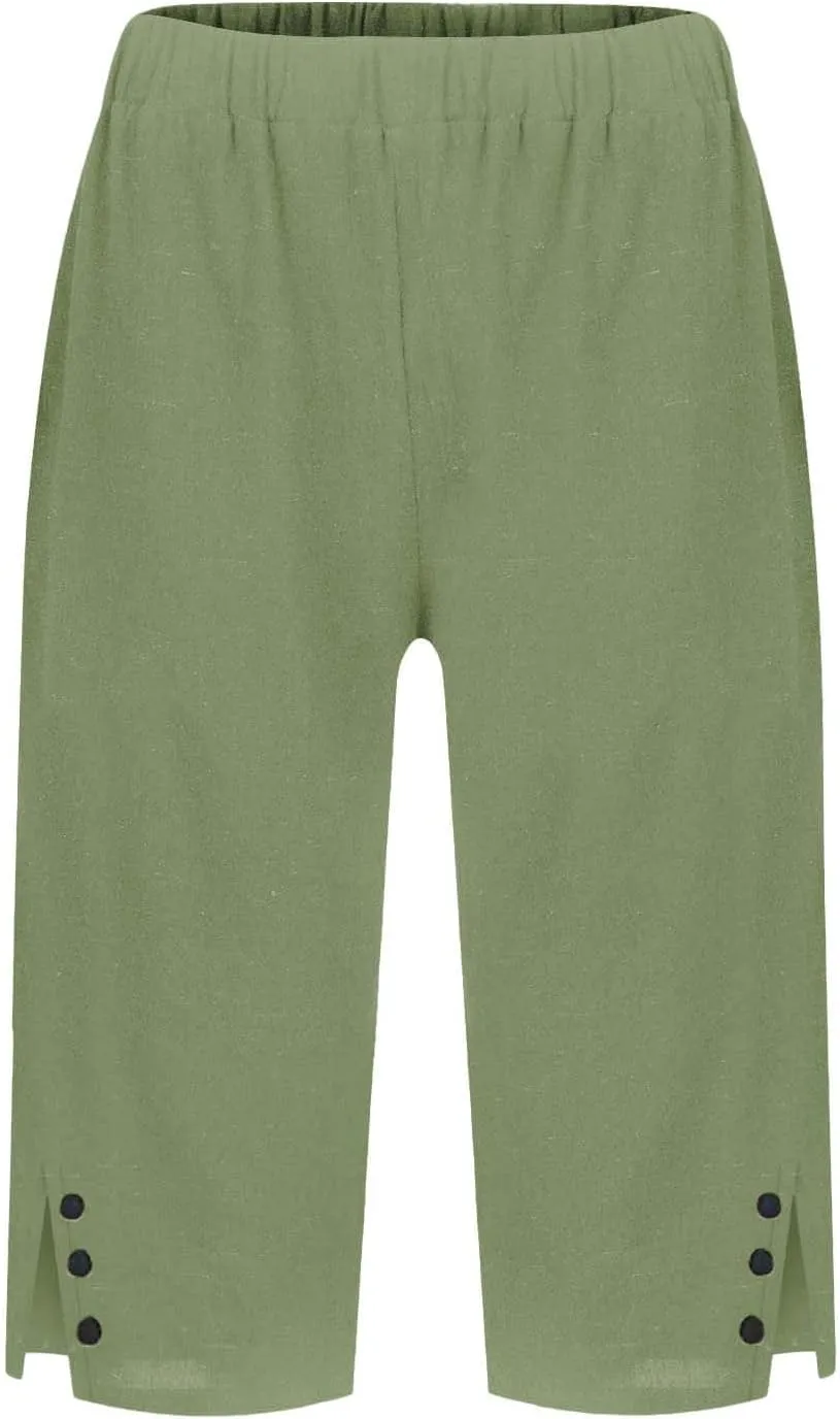 Pedal Pushers for Women Straight Leg Linen Capri Pants Relaxed Fit Cover Up Elastic Waist Bermuda Shorts with Pockets