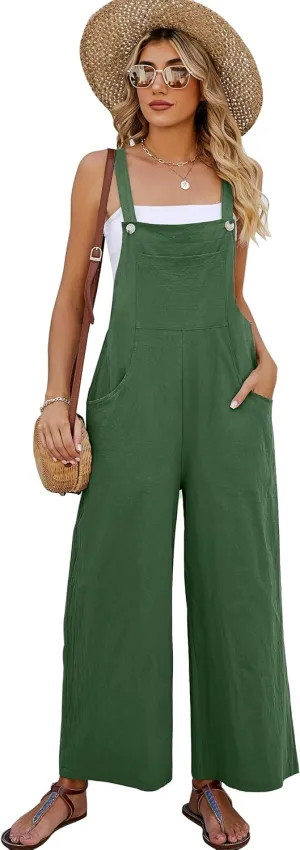 PEHMEA Women's Casual Overalls Cotton Wide Leg Jumpsuit Baggy Loose Rompers Bib Pants with Pockets