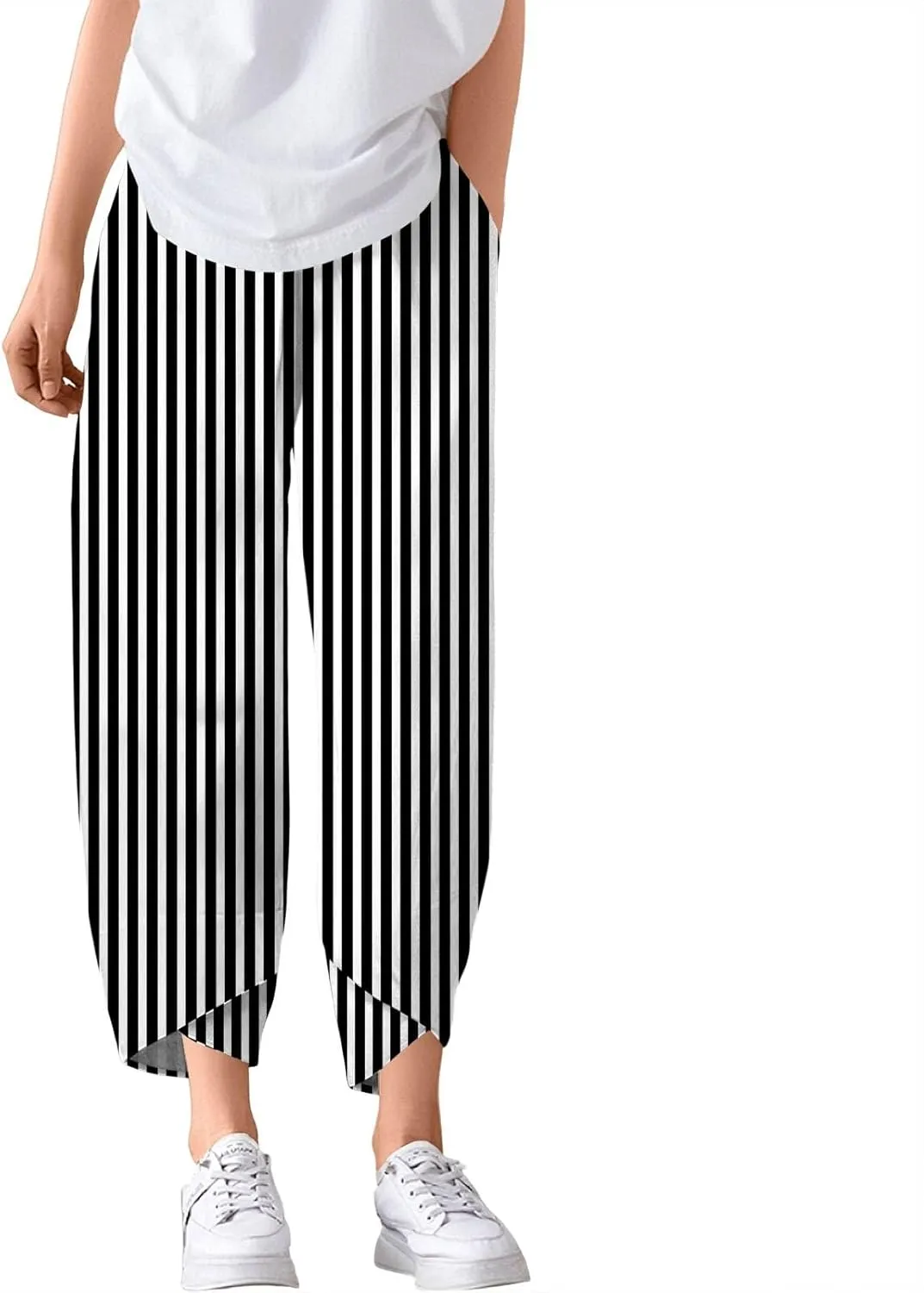 Petite Linen Pants Summer Wide Leg Hight Waisted Capri Pants Cotton Linen Comfy Cropped Palazzo Trousers with Pockets