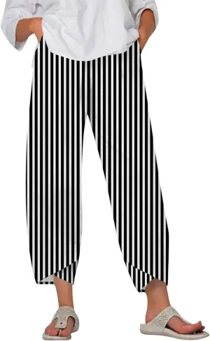 Petite Linen Pants Summer Wide Leg Hight Waisted Capri Pants Cotton Linen Comfy Cropped Palazzo Trousers with Pockets