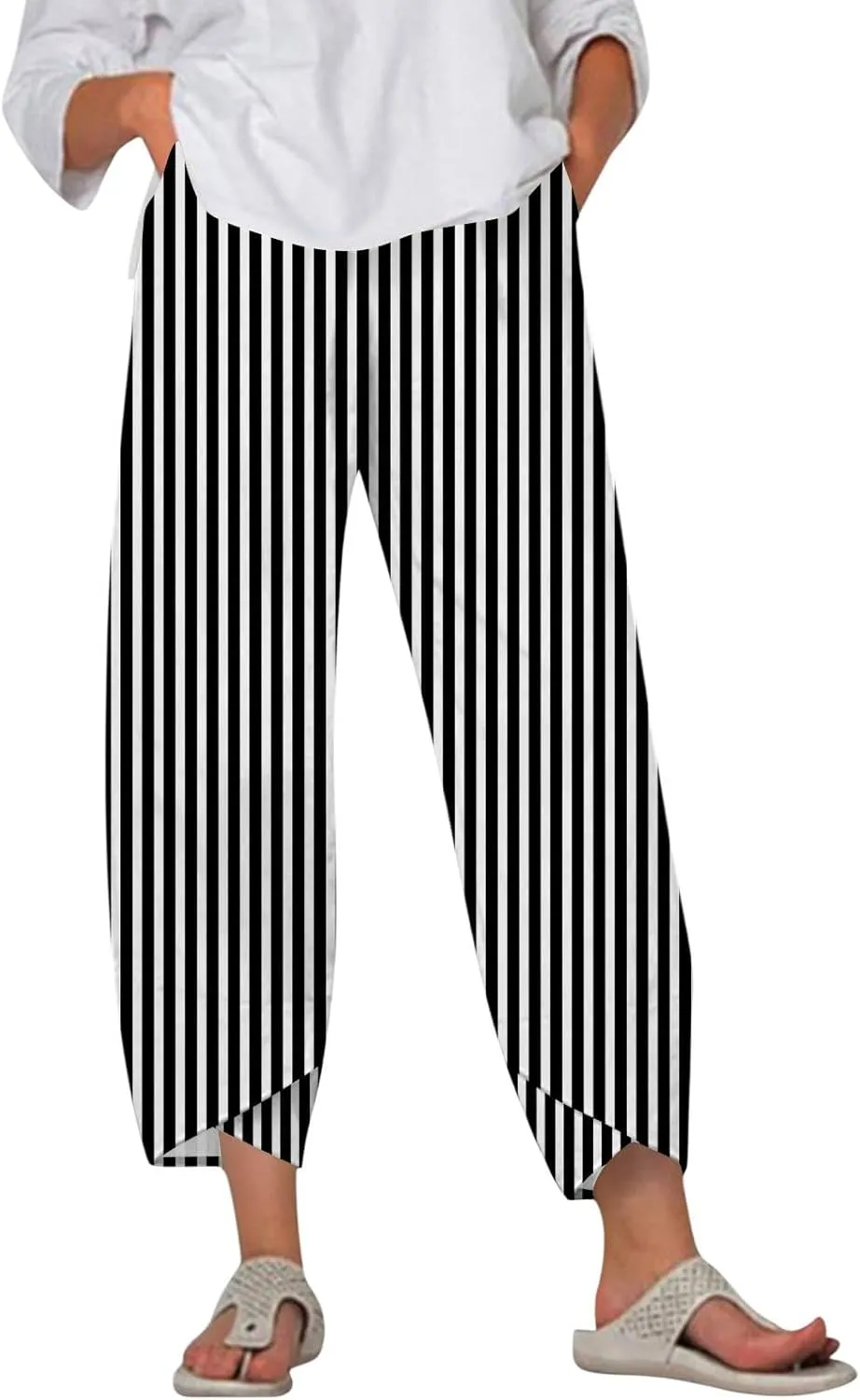 Petite Linen Pants Summer Wide Leg Hight Waisted Capri Pants Cotton Linen Comfy Cropped Palazzo Trousers with Pockets