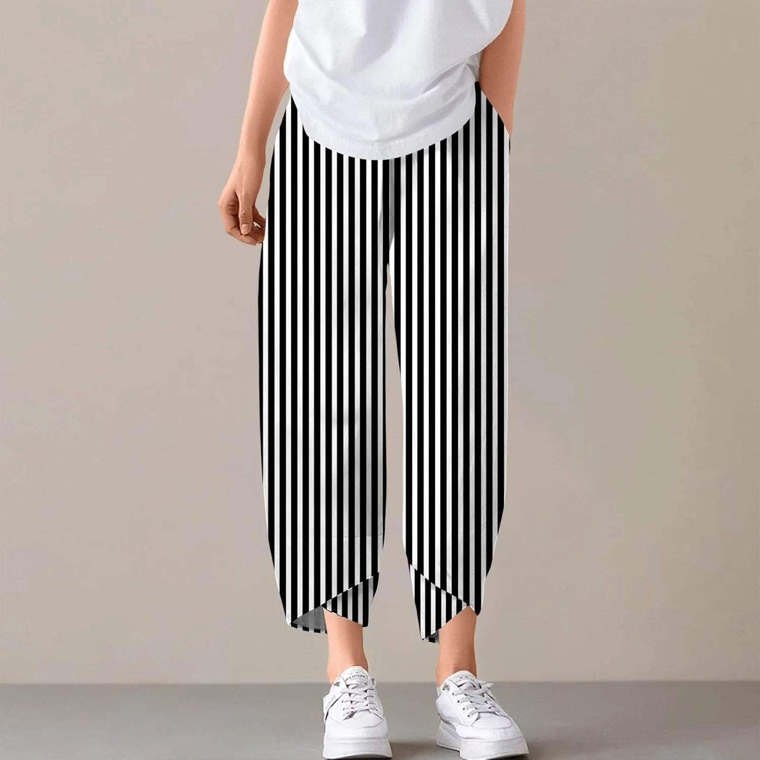 Petite Linen Pants Summer Wide Leg Hight Waisted Capri Pants Cotton Linen Comfy Cropped Palazzo Trousers with Pockets