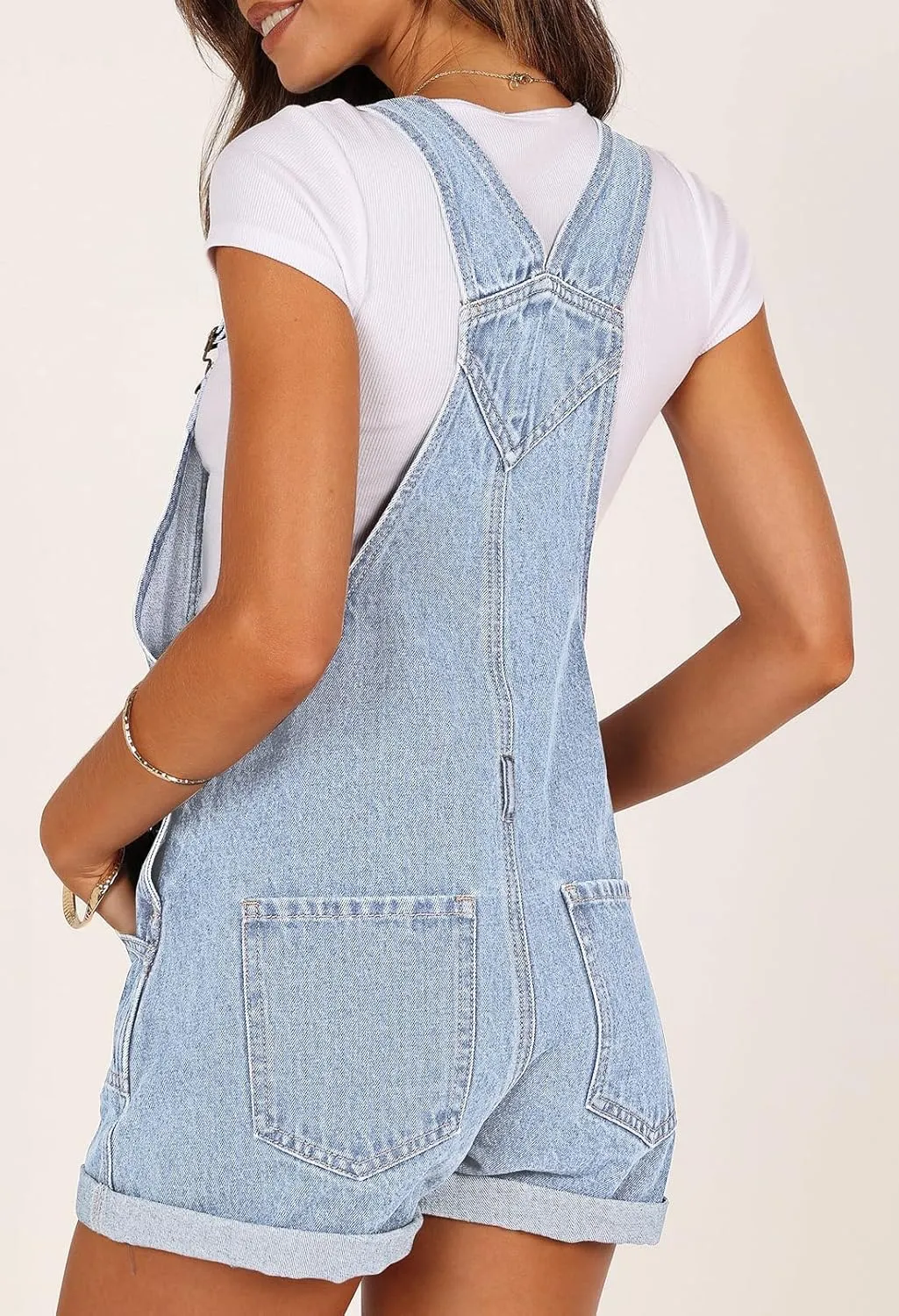 Pink Queen Women's Denim Shortalls Casual Adjustable Straps High Waist Bib Jeans Overalls Shorts Romper with Pockets