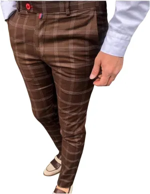 Plaid Dress Pants for Men Casual Slim Fit Chinos Pants Stretch Lightweight Business Pencil Pants Work Trousers with Pockets