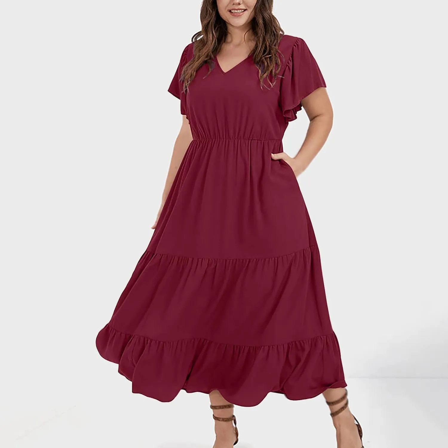 Plus Size Dresses for Women 2025 Summer Ruffle Sleeve V Neck Midi Dress Fashion Tiered Casual Fit Flowy Sundress