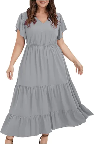 Plus Size Dresses for Women 2025 Summer Ruffle Sleeve V Neck Midi Dress Fashion Tiered Casual Fit Flowy Sundress