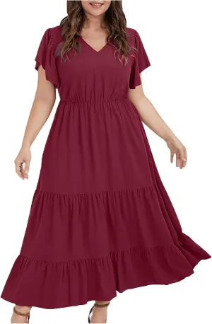 Plus Size Dresses for Women 2025 Summer Ruffle Sleeve V Neck Midi Dress Fashion Tiered Casual Fit Flowy Sundress