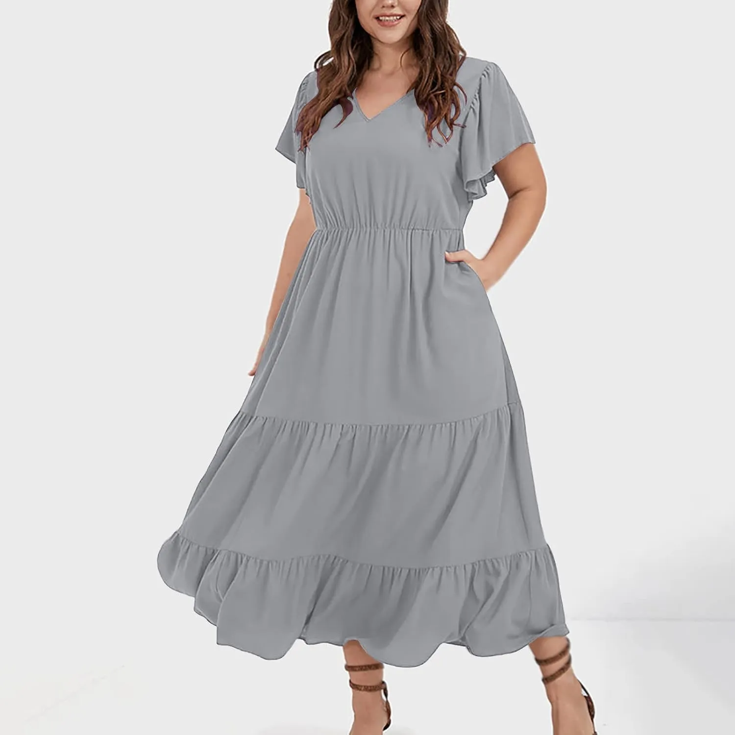 Plus Size Dresses for Women 2025 Summer Ruffle Sleeve V Neck Midi Dress Fashion Tiered Casual Fit Flowy Sundress
