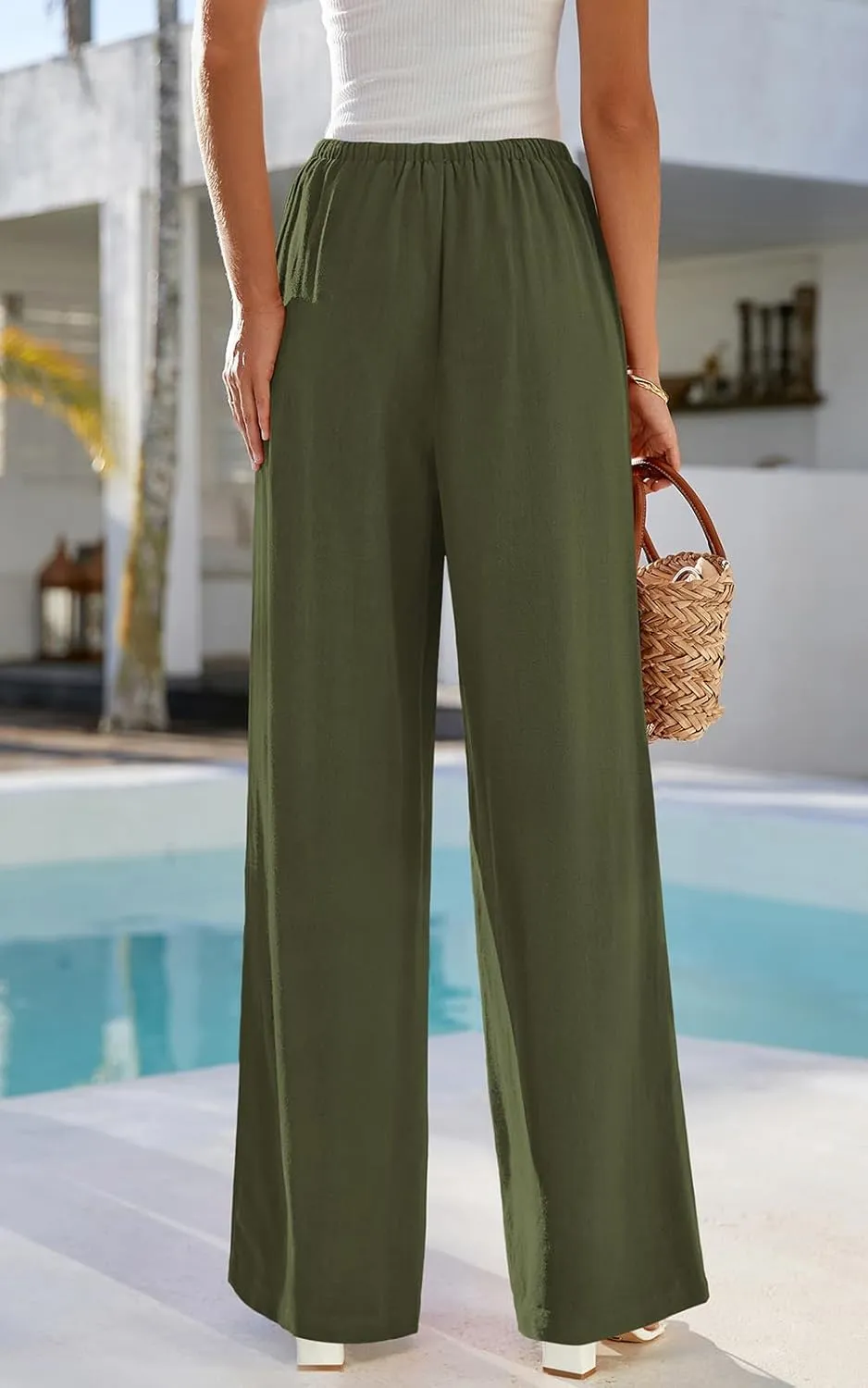PRETTYGARDEN Summer Wide Leg Linen Pants Women with Pockets High Waist Drawstring Loose Casual Palazzo Lounge Pants Women
