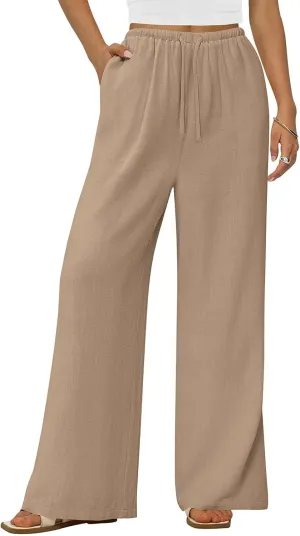 PRETTYGARDEN Summer Wide Leg Linen Pants Women with Pockets High Waist Drawstring Loose Casual Palazzo Lounge Pants Women
