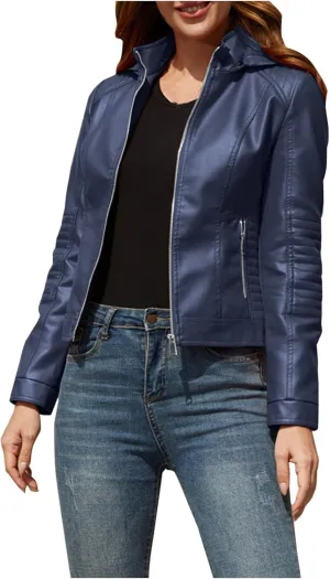 PU Faux Leather Jacket for Women Vintage Lapel Zipper Motorcycle Crop Bomber Jacket with Pockets Moto Biker Short Coat