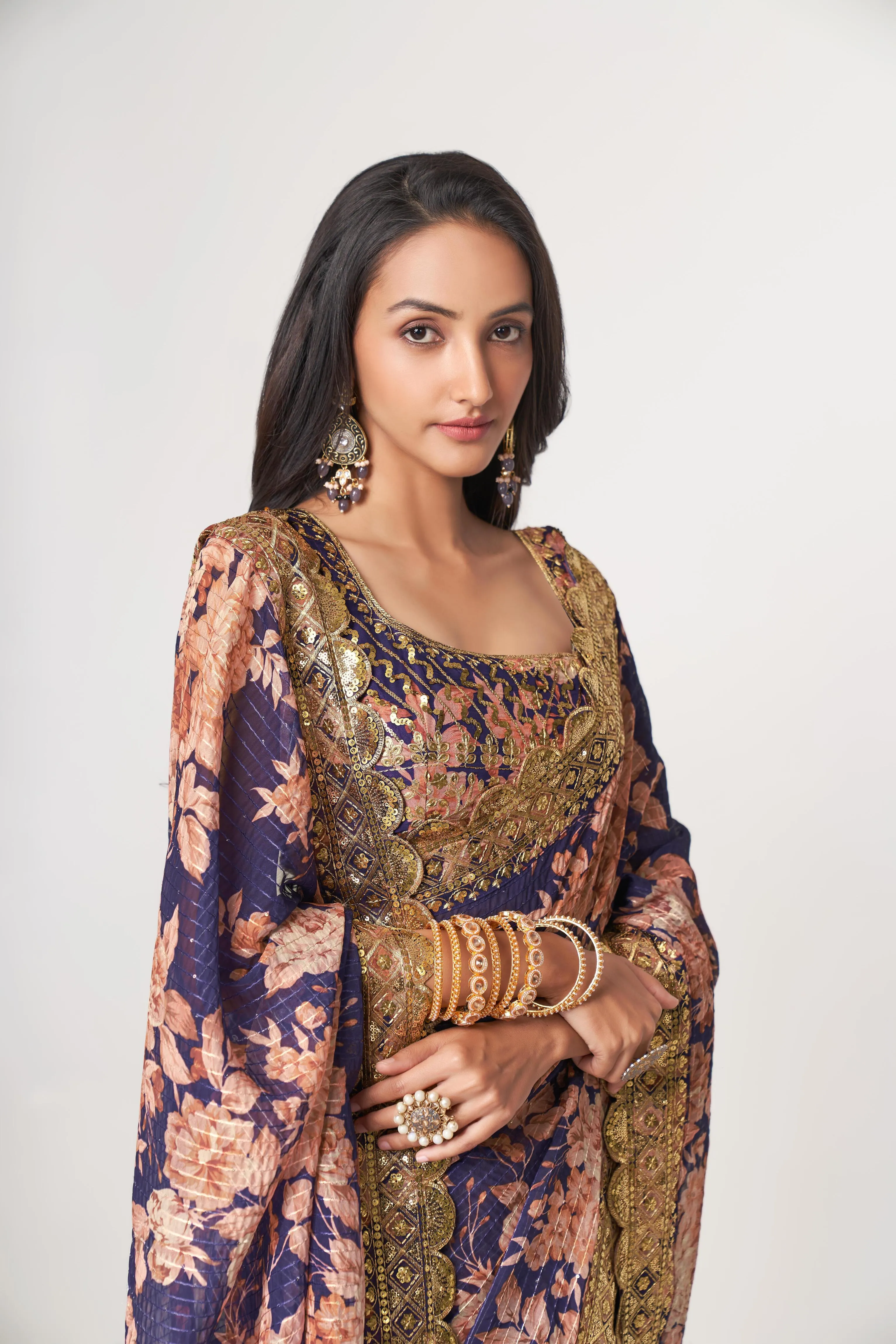 Purple Organza Floral Print Saree with Blouse
