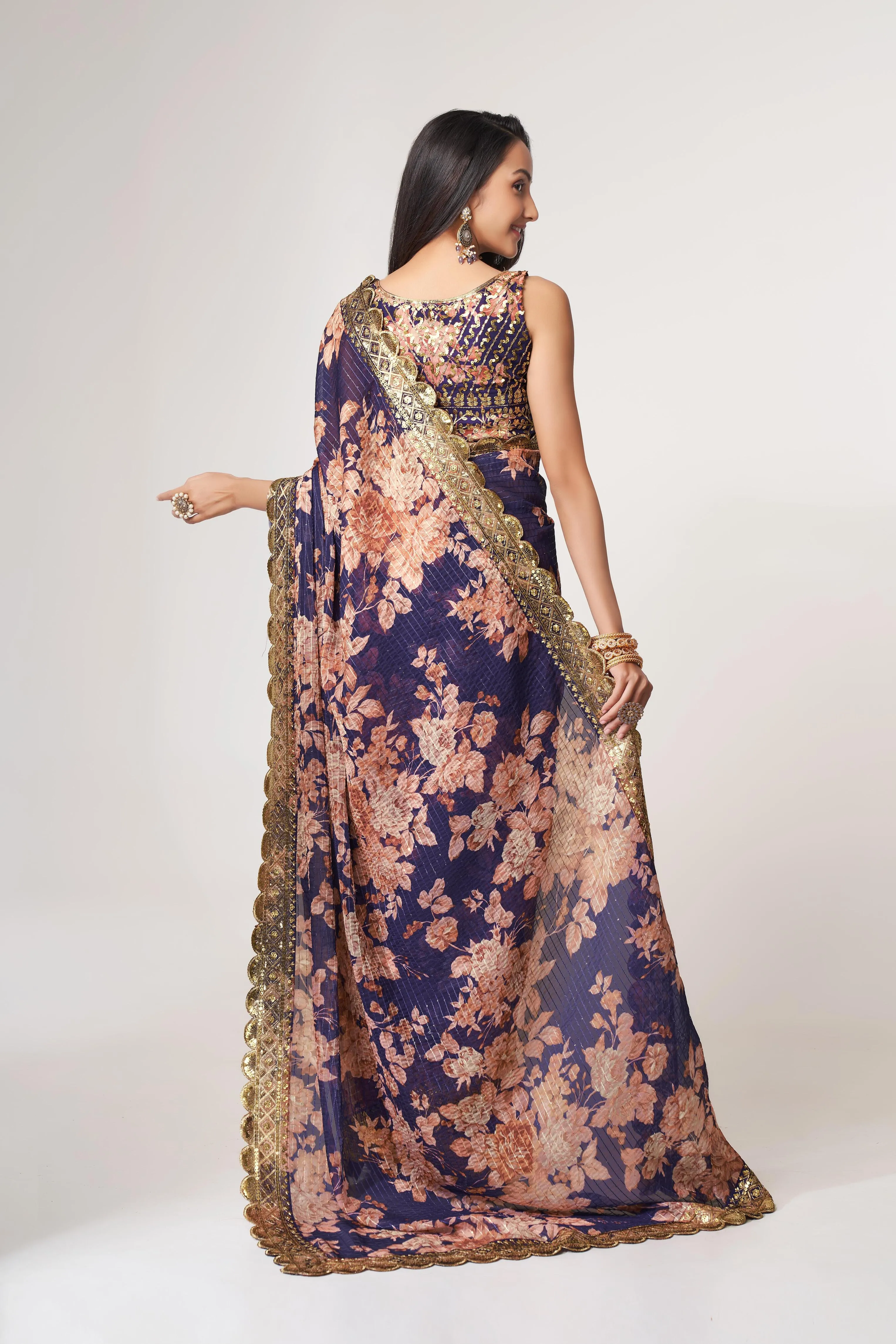 Purple Organza Floral Print Saree with Blouse