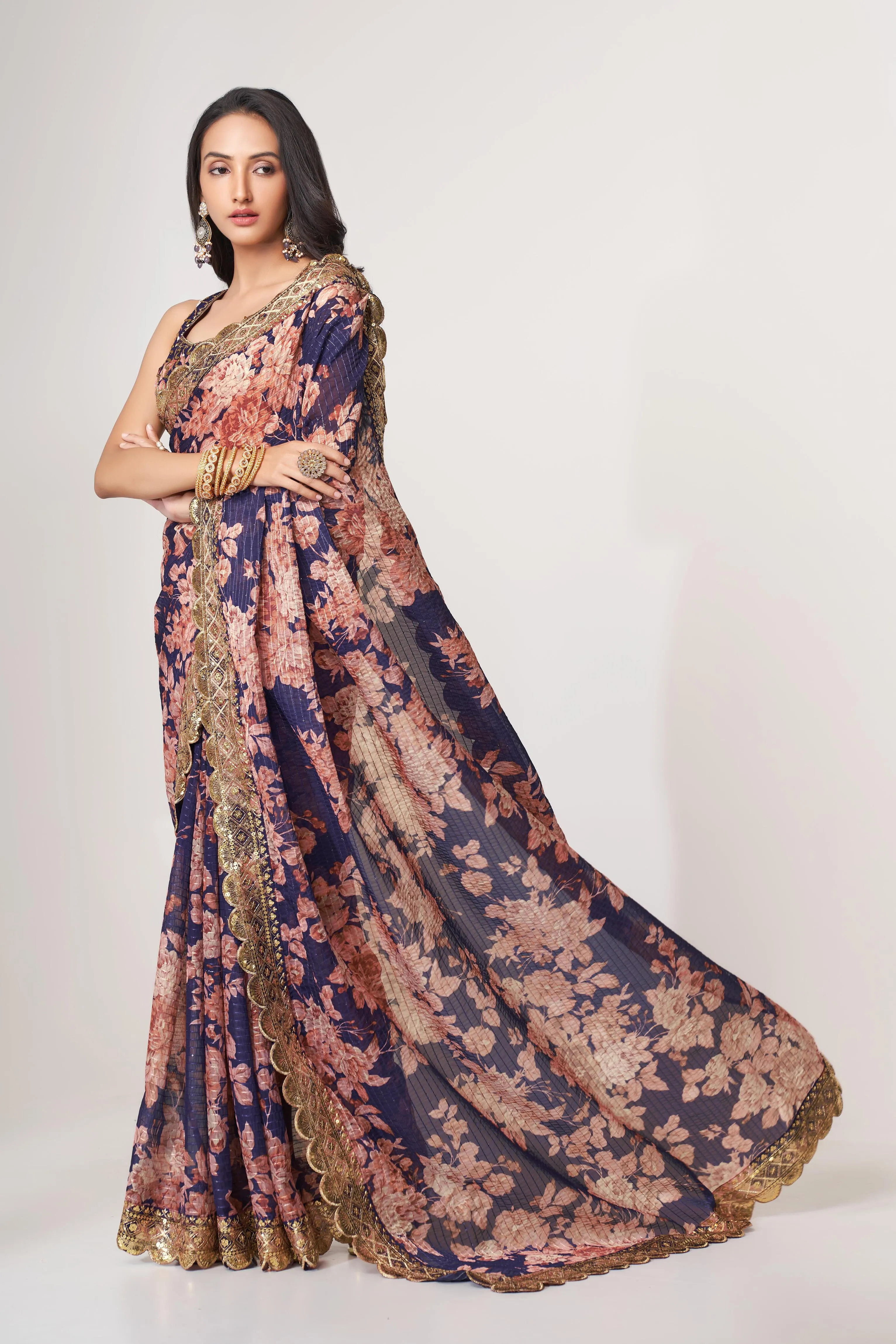 Purple Organza Floral Print Saree with Blouse