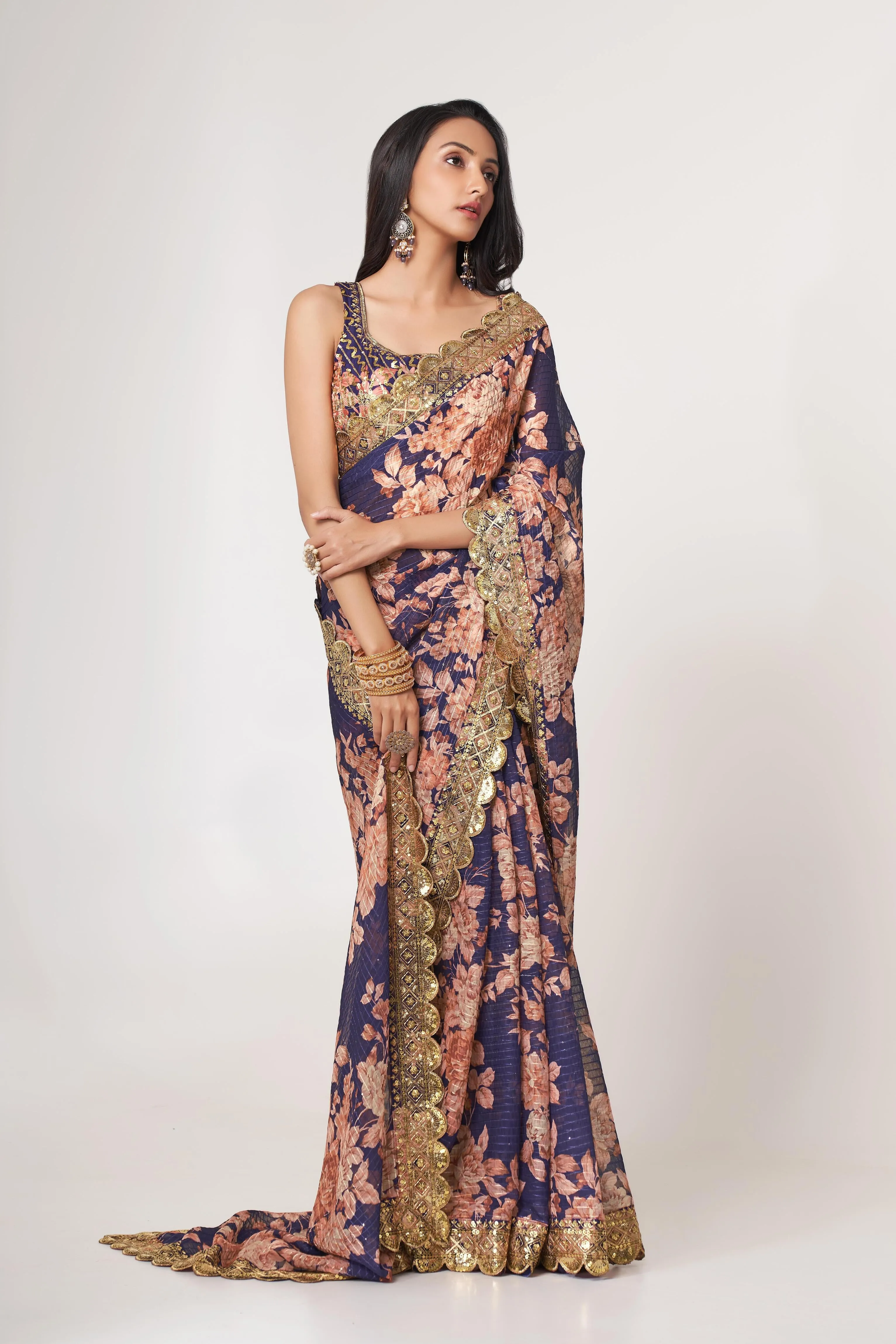 Purple Organza Floral Print Saree with Blouse