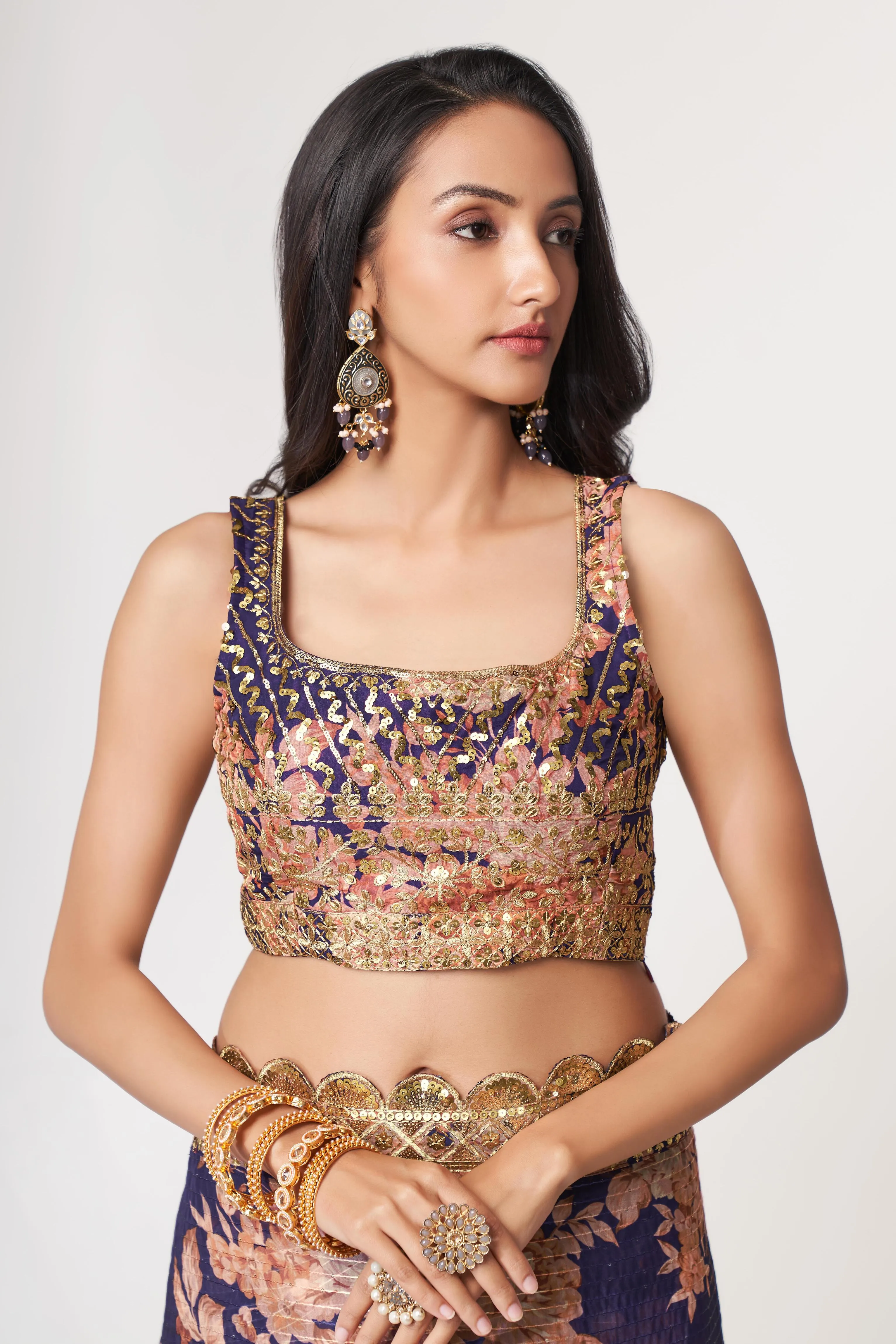 Purple Organza Floral Print Saree with Blouse