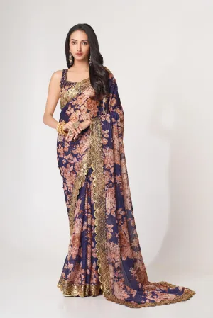 Purple Organza Floral Print Saree with Blouse