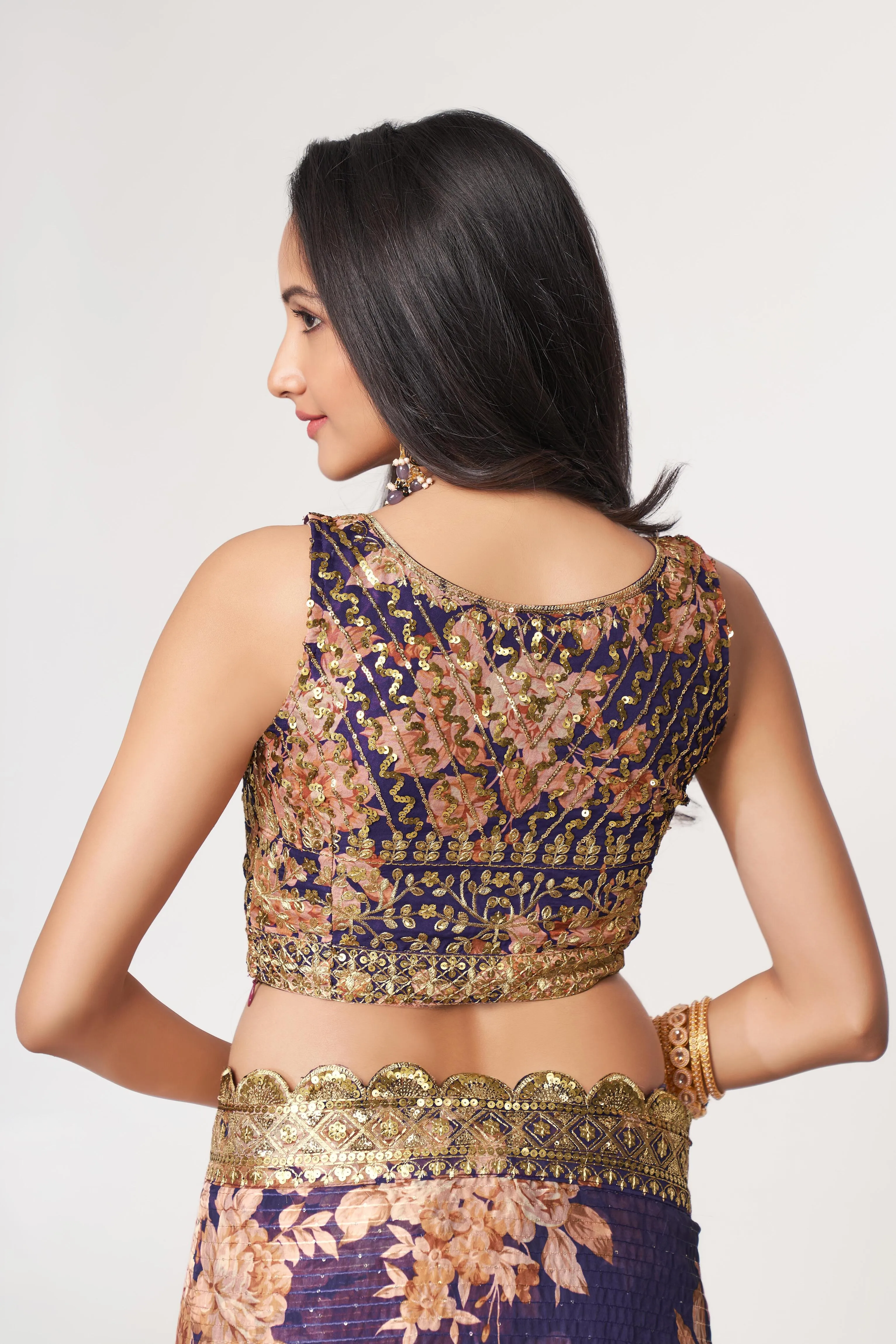 Purple Organza Floral Print Saree with Blouse