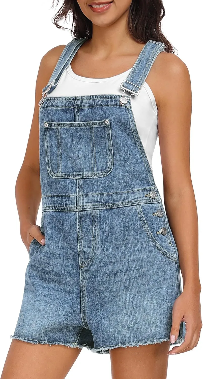 Qazel Vorrlon Denim Overall Shorts for Women Casual Summer Adjustable Strap Rompers with Pockets Bib Jeans Shortalls