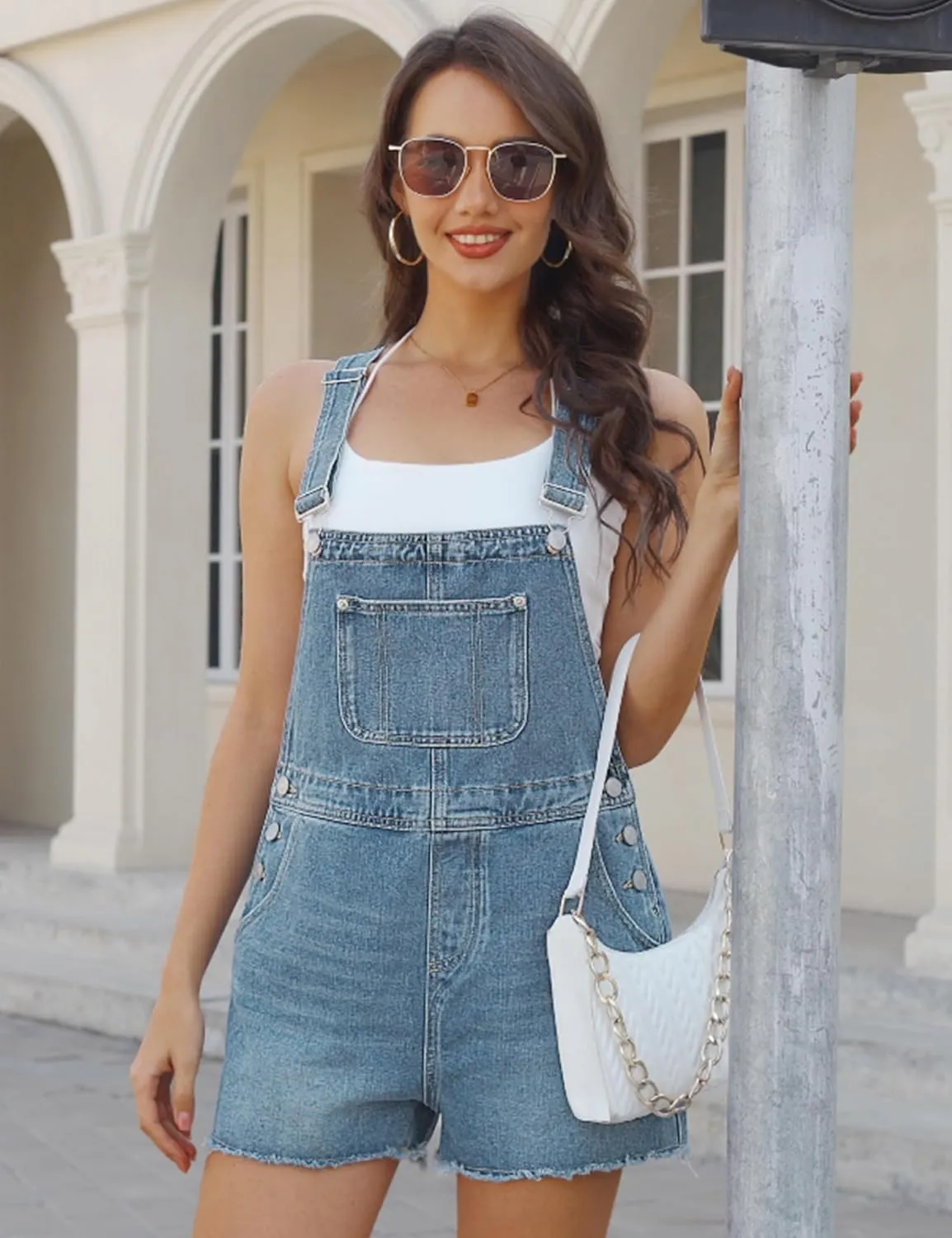 Qazel Vorrlon Denim Overall Shorts for Women Casual Summer Adjustable Strap Rompers with Pockets Bib Jeans Shortalls