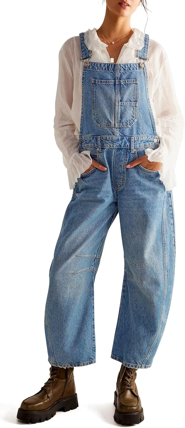 Qazel Vorrlon Denim Overalls for Women Barrel Wide Leg Bib Baggy Jeans Adjustable Denim Romper Stretch Jumpsuit Y2K Pants