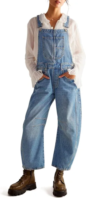 Qazel Vorrlon Denim Overalls for Women Barrel Wide Leg Bib Baggy Jeans Adjustable Denim Romper Stretch Jumpsuit Y2K Pants