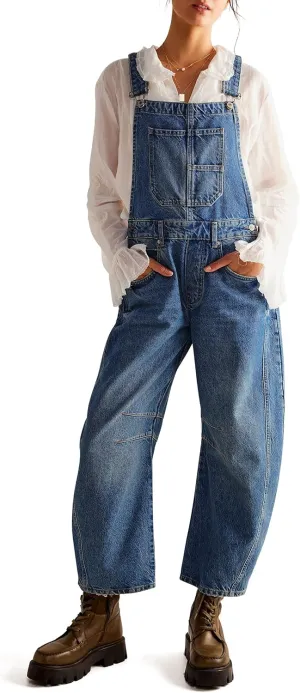 Qazel Vorrlon Denim Overalls for Women Barrel Wide Leg Bib Baggy Jeans Adjustable Denim Romper Stretch Jumpsuit Y2K Pants