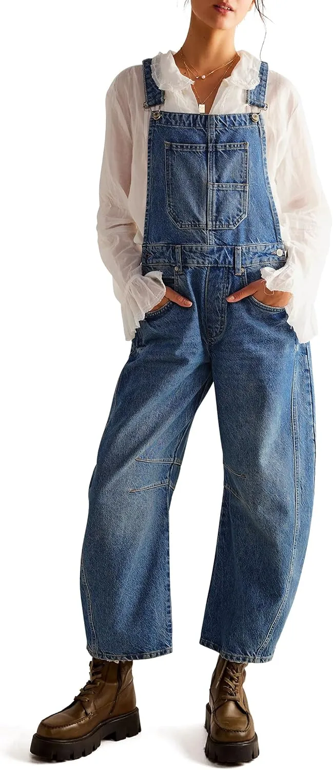 Qazel Vorrlon Denim Overalls for Women Barrel Wide Leg Bib Baggy Jeans Adjustable Denim Romper Stretch Jumpsuit Y2K Pants