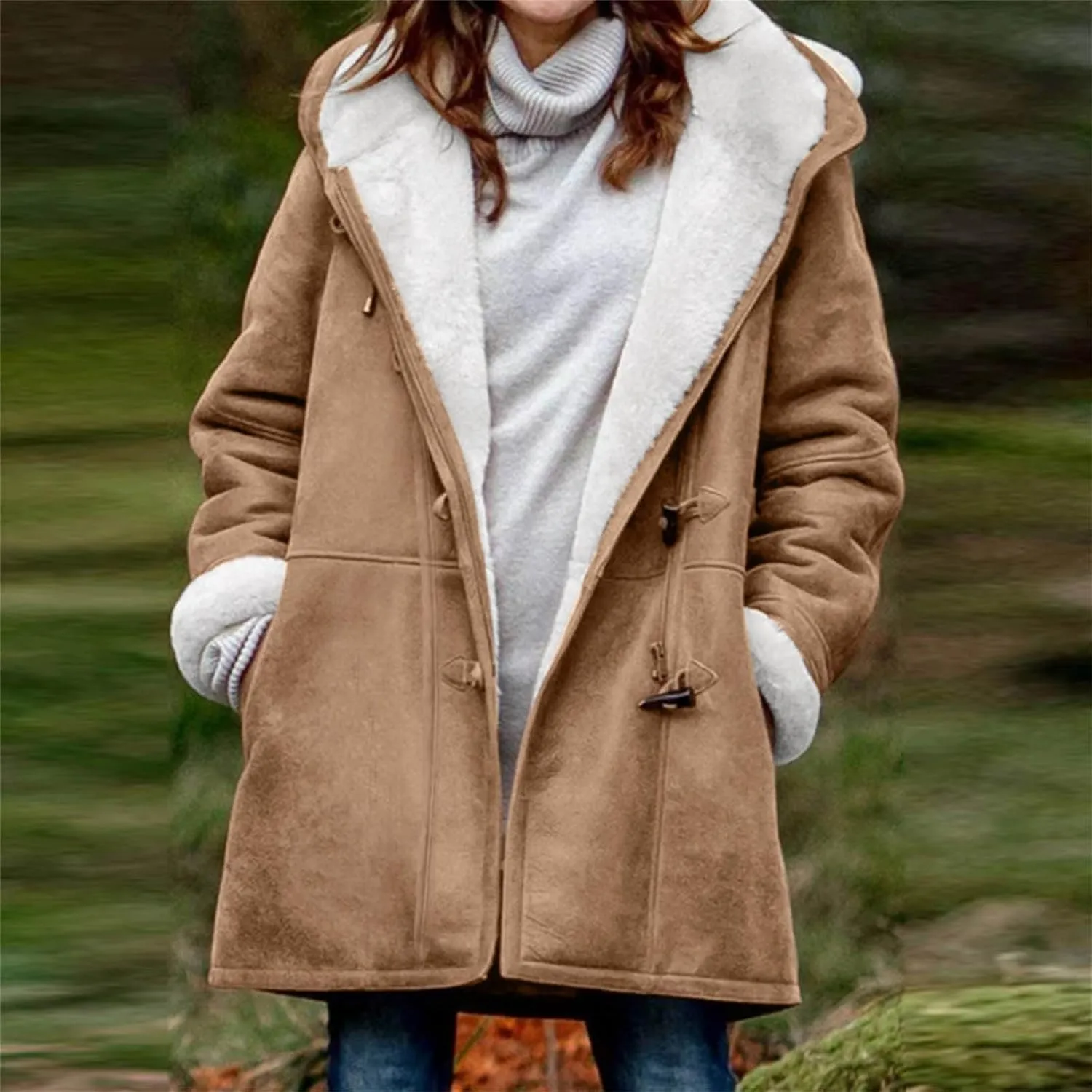 Qeaghou Fleece Lined Winter Coats for Women Warm Trench Coat Furry Windbreaker Ski Jacket Fuzzy Solid Jacket with Hood